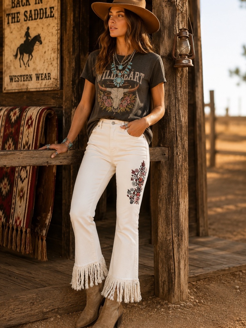 Back in the Saddle Embroidered Floral Fringe-Hem White Wide-Leg White Jeans 10